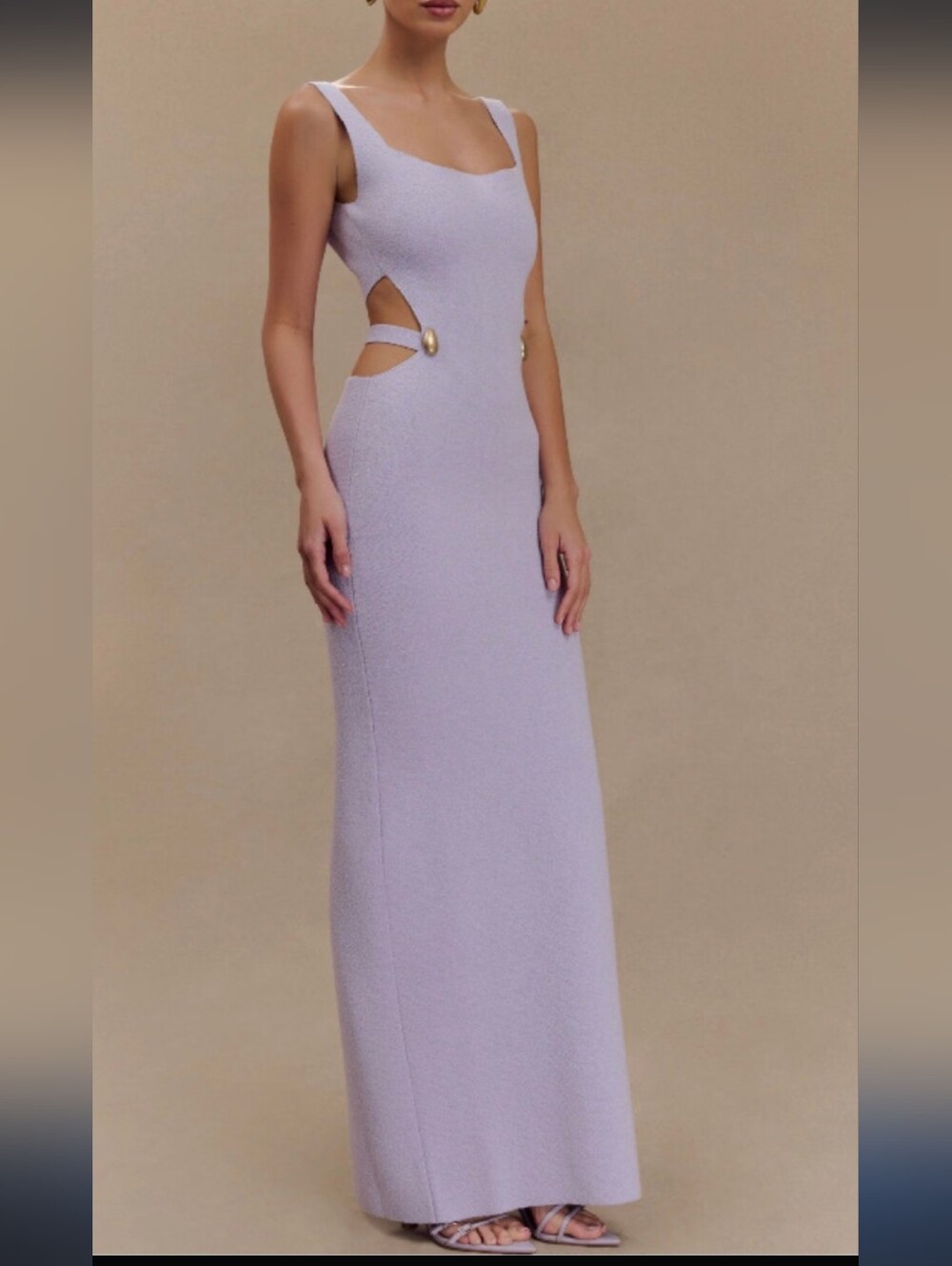 Meshki Alysanne   Elegant Lilac Cutout Maxi Dress with Gold Accent